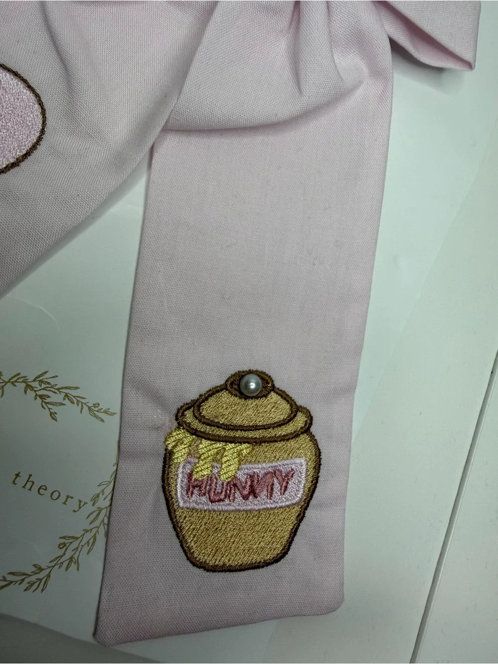Bebe Theory Pink Kids Bow Hair Bow with Embroidered Winnie-the-Pooh & Honey Pot